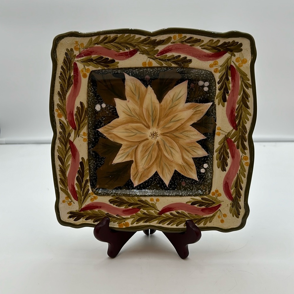 222 Fifth Pink Poinsettia Pink and Green Border  Salad Plate